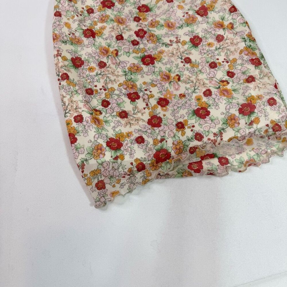 Liz & Sara Mini Dress Womens Medium Tan Floral Y2K Lined Smocked Crepe Milkmaid - Picture 4 of 9